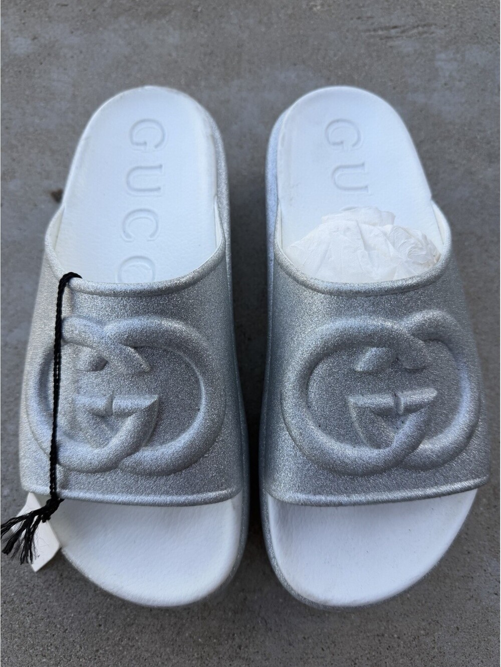 GUCCI Miami Metallic Glitter Rubber Interlocking G Logo Platform Slide Sandals